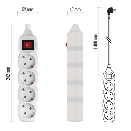 EMOS P1421, Hosszabbító 1,4 m  /  4 aljzat  /  fehér  /  PVC  /  1 mm2