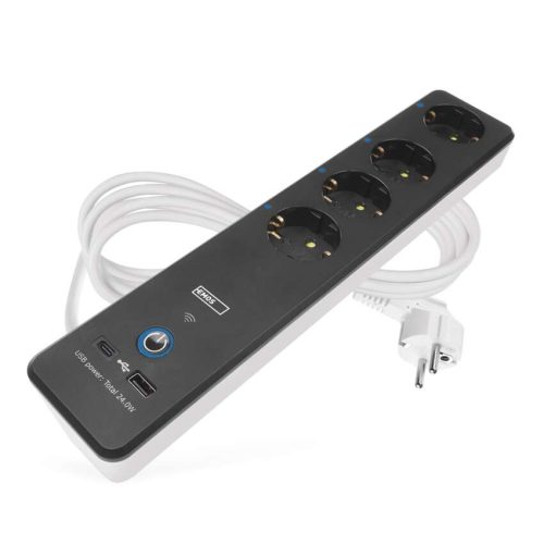 EMOS P1422SM, GoSmart hosszabbító 2 m / 4 aljzat / kapcsolós / USB / fehér-fekete / PVC / 1,5 mm2