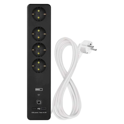 EMOS P1422SM, GoSmart hosszabbító 2 m / 4 aljzat / kapcsolós / USB / fehér-fekete / PVC / 1,5 mm2