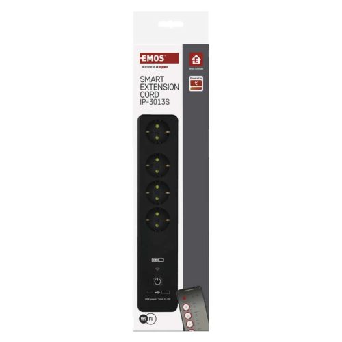 EMOS P1422SM, GoSmart hosszabbító 2 m / 4 aljzat / kapcsolós / USB / fehér-fekete / PVC / 1,5 mm2