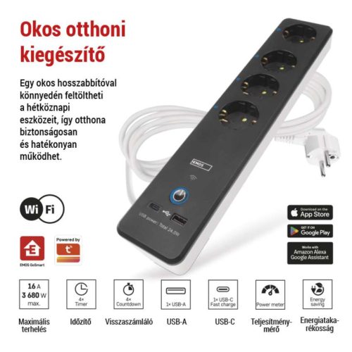 EMOS P1422SM, GoSmart hosszabbító 2 m / 4 aljzat / kapcsolós / USB / fehér-fekete / PVC / 1,5 mm2