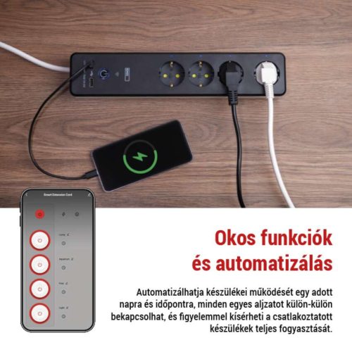 EMOS P1422SM, GoSmart hosszabbító 2 m / 4 aljzat / kapcsolós / USB / fehér-fekete / PVC / 1,5 mm2