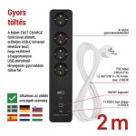 EMOS P1422SM, GoSmart hosszabbító 2 m / 4 aljzat / kapcsolós / USB / fehér-fekete / PVC / 1,5 mm2