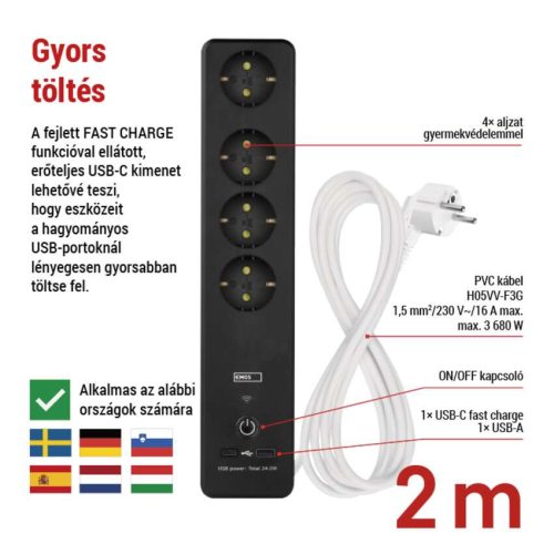 EMOS P1422SM, GoSmart hosszabbító 2 m / 4 aljzat / kapcsolós / USB / fehér-fekete / PVC / 1,5 mm2