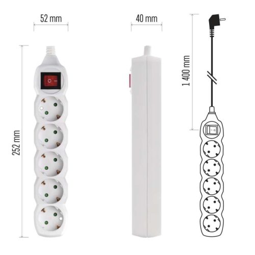 EMOS P1521, Hosszabbító 1,4 m  /  5 aljzat  /  fehér  /  PVC  /  1 mm2