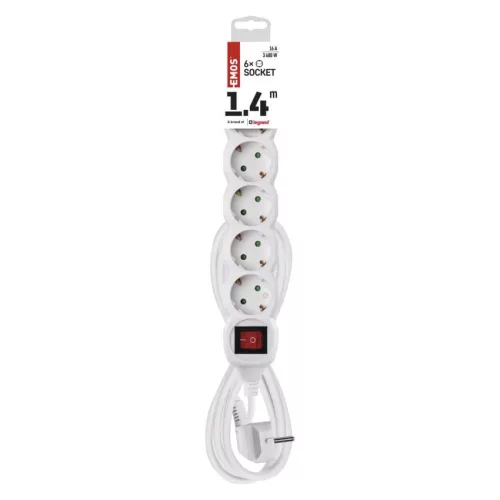 EMOS P1621, Hosszabbító 1,4 m  /  6 aljzat  /  fehér  /  PVC  /  1 mm2