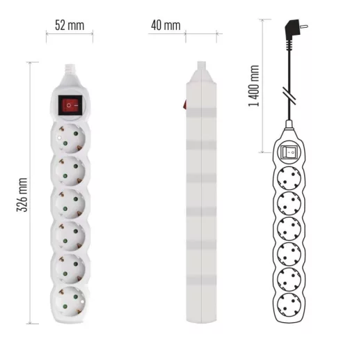 EMOS P1621, Hosszabbító 1,4 m  /  6 aljzat  /  fehér  /  PVC  /  1 mm2