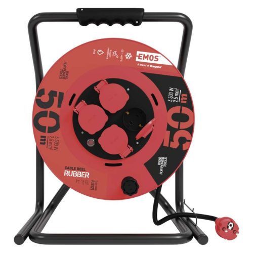 EMOS P19221, Kültéri kábeldob 50 m / 4 aljzat / fekete / gumi / 230 V / 2,5 mm2