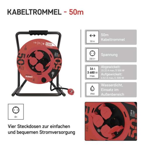 EMOS P19221, Kültéri kábeldob 50 m / 4 aljzat / fekete / gumi / 230 V / 2,5 mm2