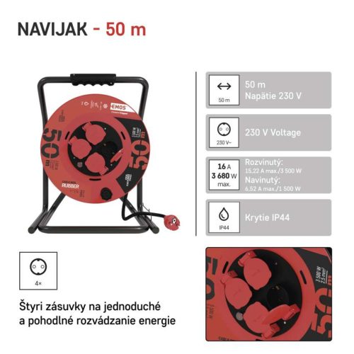 EMOS P19221, Kültéri kábeldob 50 m / 4 aljzat / fekete / gumi / 230 V / 2,5 mm2