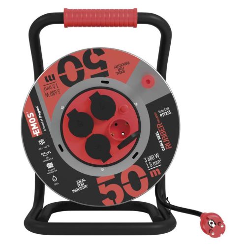 EMOS P19223, Kültéri kábeldob 50 m / 4 aljzat / fekete / gumi-neoprén / 230V / 1,5 mm2