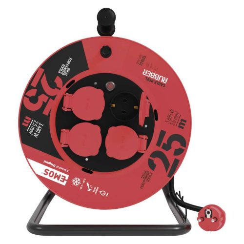 EMOS P19625, Kültéri kábeldob 25 m / 4 aljzat / fekete / gumi / 230 V / 2,5 mm2