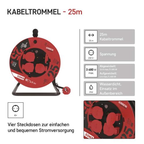 EMOS P19625, Kültéri kábeldob 25 m / 4 aljzat / fekete / gumi / 230 V / 2,5 mm2