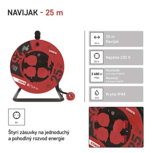 EMOS P19625, Kültéri kábeldob 25 m / 4 aljzat / fekete / gumi / 230 V / 2,5 mm2