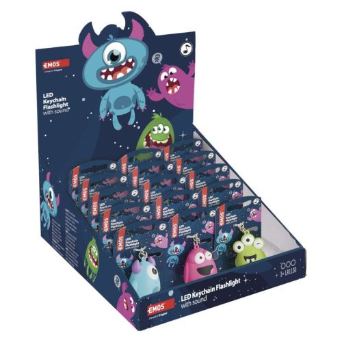 EMOS P4721, LED kulcstartó - hangos szörnyek, 18 db, display box