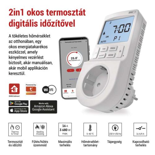 EMOS P56601SH, GoSmart 2 az 1-ben konnektoros, digitális termosztát időzítő funkcióval, schuko, WiFi