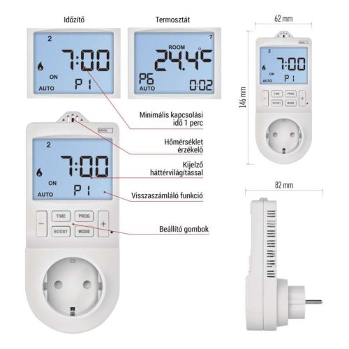 EMOS P56601SH, GoSmart 2 az 1-ben konnektoros, digitális termosztát időzítő funkcióval, schuko, WiFi