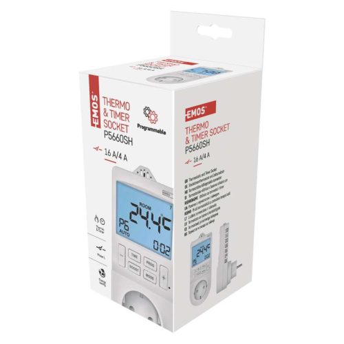 EMOS P5660SH, 2 az 1-ben konnektoros, digitális termosztát időzítő funkcióval, schuko