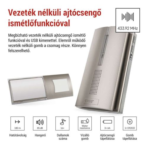 EMOS P5763N, Vezeték nélküli csengő P5763N, 3× AA, ismétlési funkció
