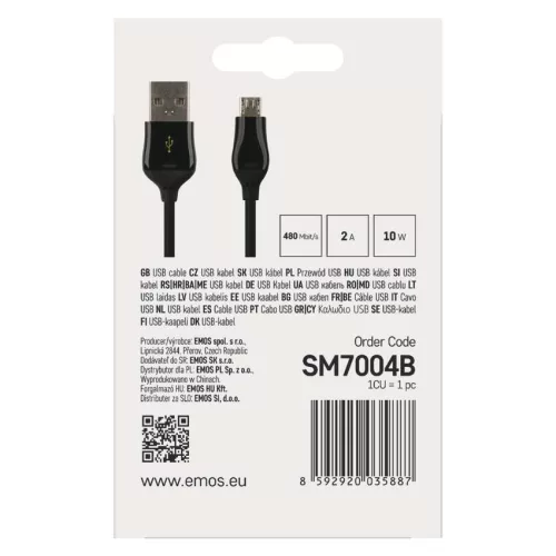 EMOS SM7004B, Töltő- és adatkábel USB-A 2.0 / micro USB-B 2.0, Quick Charge, 1 m, fekete