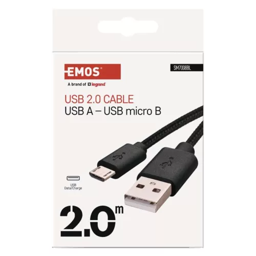EMOS SM7008BL, Töltő- és adatkábel USB-A 2.0 / micro USB-B 2.0, 2 m, fekete