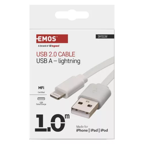 EMOS SM7013W, Töltő- és adatkábel USB-A 2.0 / Lightning MFi, 1 m, fehér