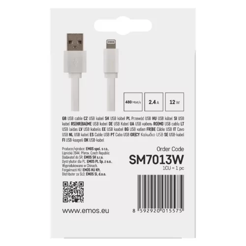 EMOS SM7013W, Töltő- és adatkábel USB-A 2.0 / Lightning MFi, 1 m, fehér