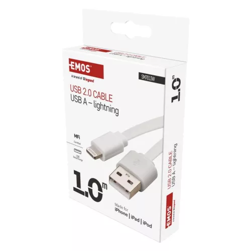 EMOS SM7013W, Töltő- és adatkábel USB-A 2.0 / Lightning MFi, 1 m, fehér