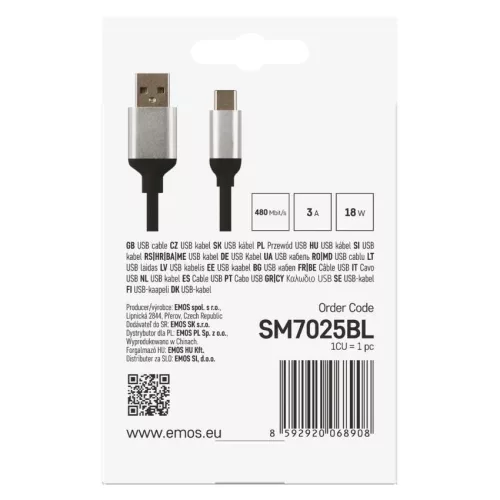 EMOS SM7025BL, Töltő- és adatkábel USB-A 2.0 / USB-C 2.0, 1 m, fekete
