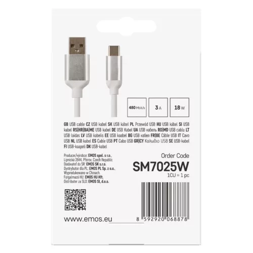 EMOS SM7025W, Töltő- és adatkábel USB-A 2.0 / USB-C 2.0, 1 m, fehér