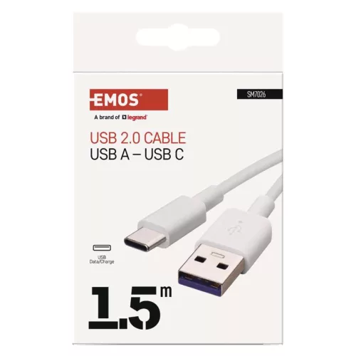 EMOS SM7026, Töltő- és adatkábel USB-A 2.0 / USB-C 2.0, 1,5 m, fehér