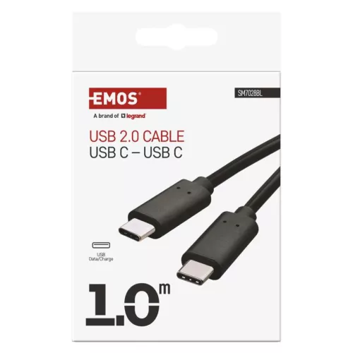EMOS SM7028BL, Töltő- és adatkábel 2-0 USB-C / USB-C, 1 m, fekete