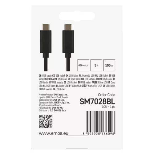 EMOS SM7028BL, Töltő- és adatkábel 2-0 USB-C / USB-C, 1 m, fekete