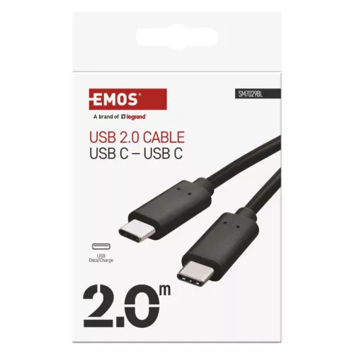 EMOS SM7029BL, Töltő- és adatkábel 2-0 USB-C / USB-C, 2 m, fekete