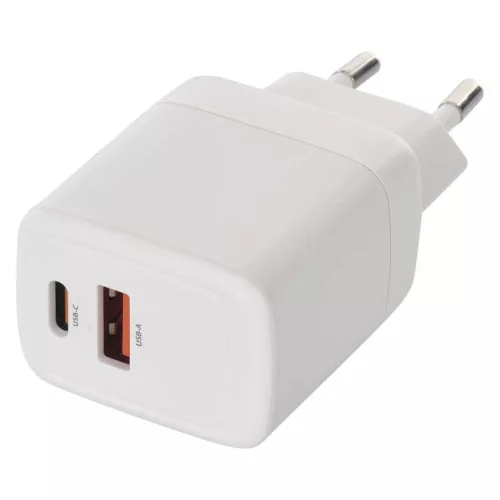 EMOS V02G20 fehér GaN USB töltő 20 W, USB-C és USB-A kimenettel