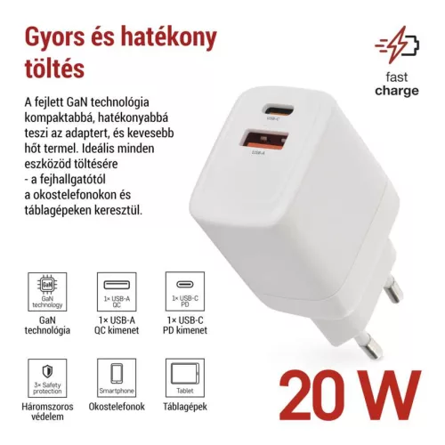 EMOS V02G20 fehér GaN USB töltő 20 W, USB-C és USB-A kimenettel