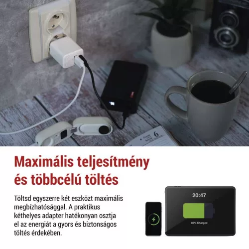 EMOS V02G20 fehér GaN USB töltő 20 W, USB-C és USB-A kimenettel