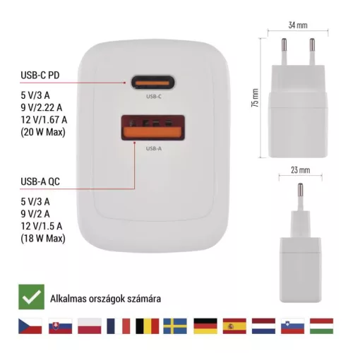 EMOS V02G20 fehér GaN USB töltő 20 W, USB-C és USB-A kimenettel