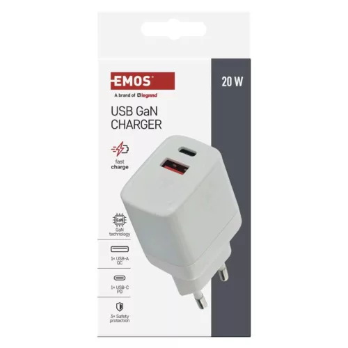 EMOS V02G20 fehér GaN USB töltő 20 W, USB-C és USB-A kimenettel