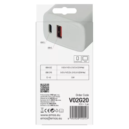 EMOS V02G20 fehér GaN USB töltő 20 W, USB-C és USB-A kimenettel