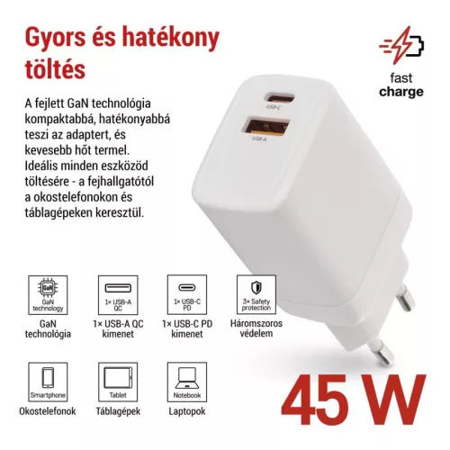 EMOS GaN PD 45 W univerzális USB töltő, fehér, USB-C és USB-A, V04G45