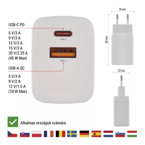 EMOS GaN PD 45 W univerzális USB töltő, fehér, USB-C és USB-A, V04G45