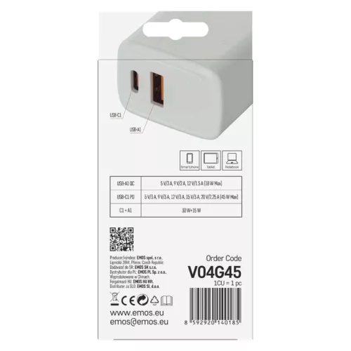 EMOS GaN PD 45 W univerzális USB töltő, fehér, USB-C és USB-A, V04G45