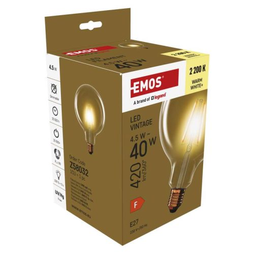 EMOS Z58032, LED izzó Vintage G125 / E27 / 4,5 W (40 W) / 420 lm / Meleg fehér