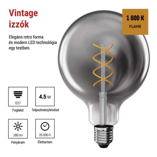 EMOS Z58311, LED izzó DECO SMOKED G125 / E27 / 4,5 W (19 W) / 180 lm / flame