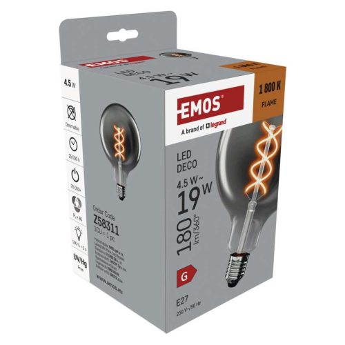 EMOS Z58311, LED izzó DECO SMOKED G125 / E27 / 4,5 W (19 W) / 180 lm / flame