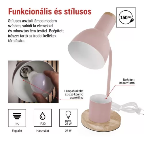 EMOS Poppy rózsaszín asztali lámpa E27 foglalattal és tolltartóval, Z7640P