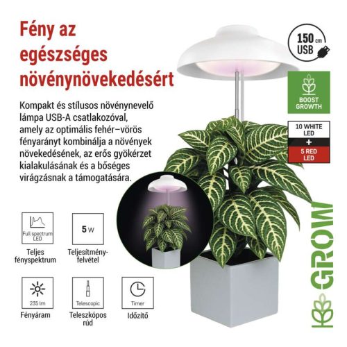 EMOS Z7901, LED növénynevelő lámpa, teljes spektrum, 15 LED, beltéri, időzítővel