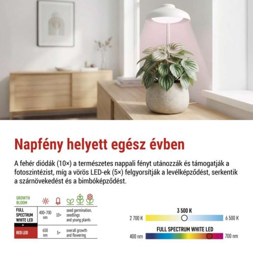 EMOS Z7901, LED növénynevelő lámpa, teljes spektrum, 15 LED, beltéri, időzítővel