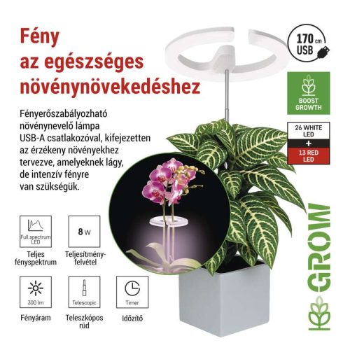 EMOS Z7902, LED növénynevelő lámpa, teljes spektrum, 39 LED, beltéri, időzítővel, dimmelhető